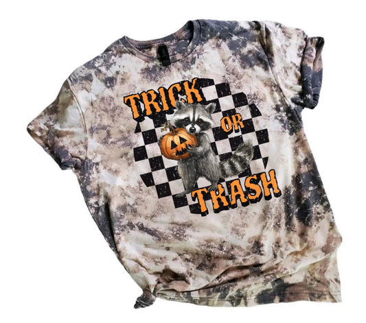 Trick or trash raccoon halloween bleached shirt