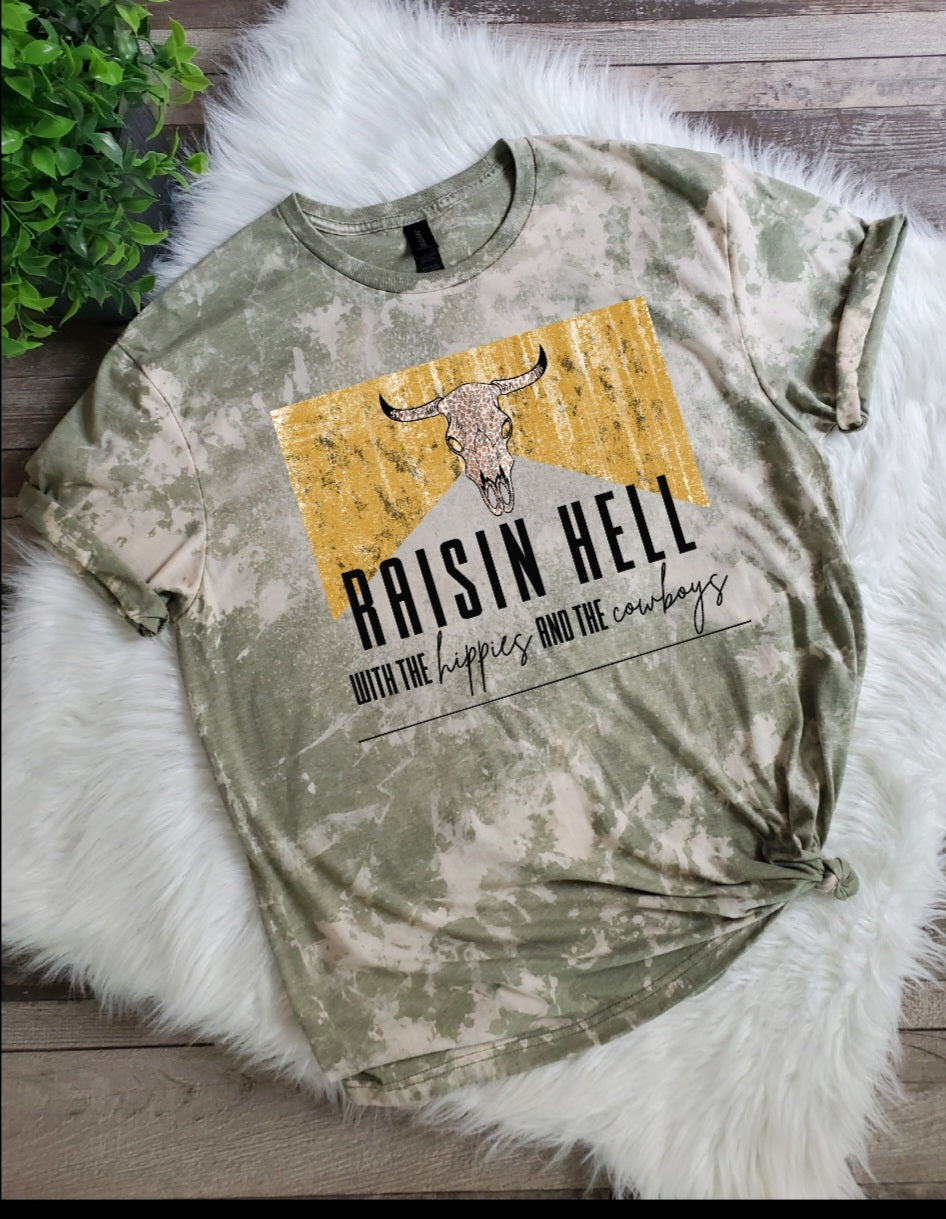 Raisin Hell with the Hippies and Cowboys Bleached Tee