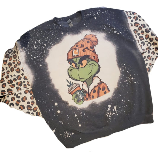 Grinch Leopard Coffee Bleached Sweatshirt