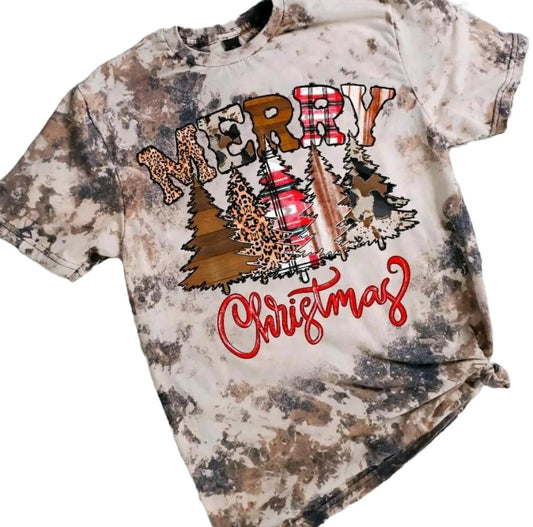 Western Merry Christmas Cowhide Bleached Tee