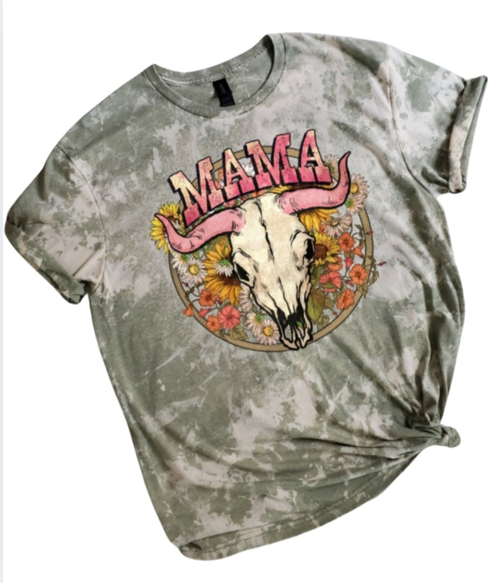 Western Cow Skull Mama Bleached Tee
