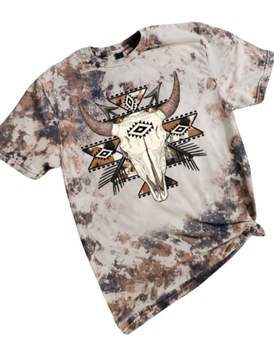 Western Cow Skull Aztec Cowhide Bleached tee