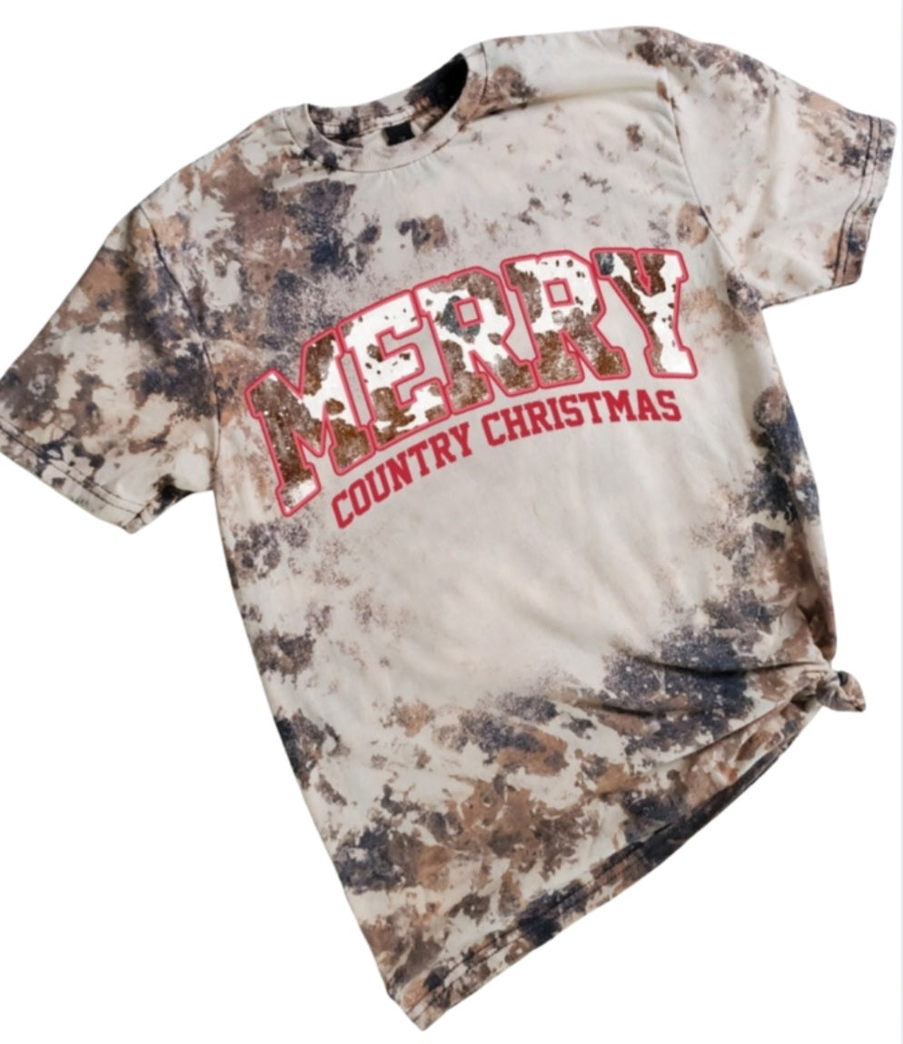 Merry Country Christmas Cowhide Bleached Tee