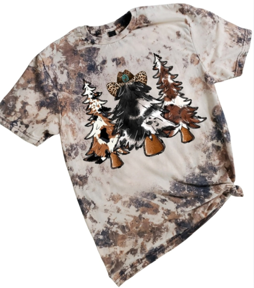 Christmas Tree Western Cowhide  Bleached Tee
