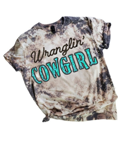 Wranglin Cowgirl Western Rodeo Bleached Tee